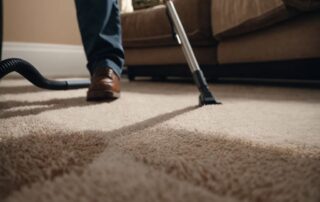 This image shows a man cleaning a carpet using a vacuum.